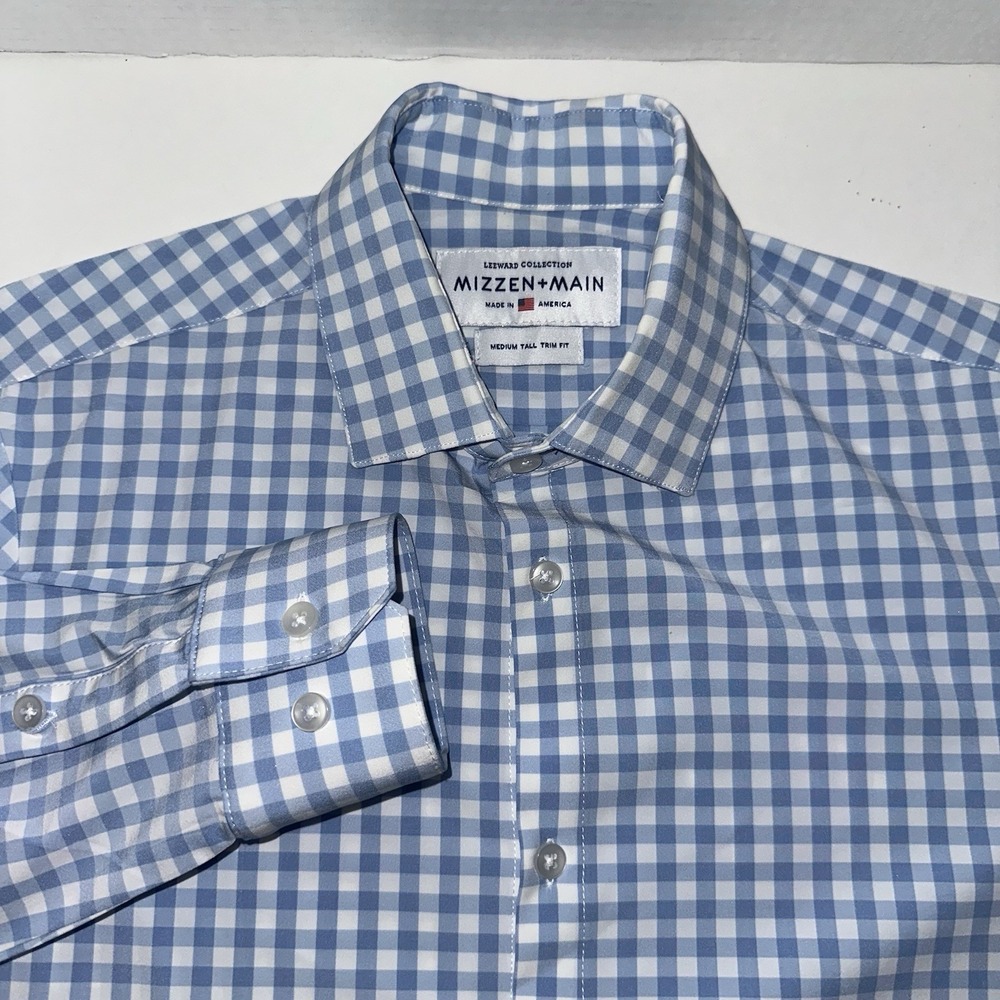Mizzen+Main Leeward Mens M Tall  Blue Gingham Check Shirt‎ Performance Stretch